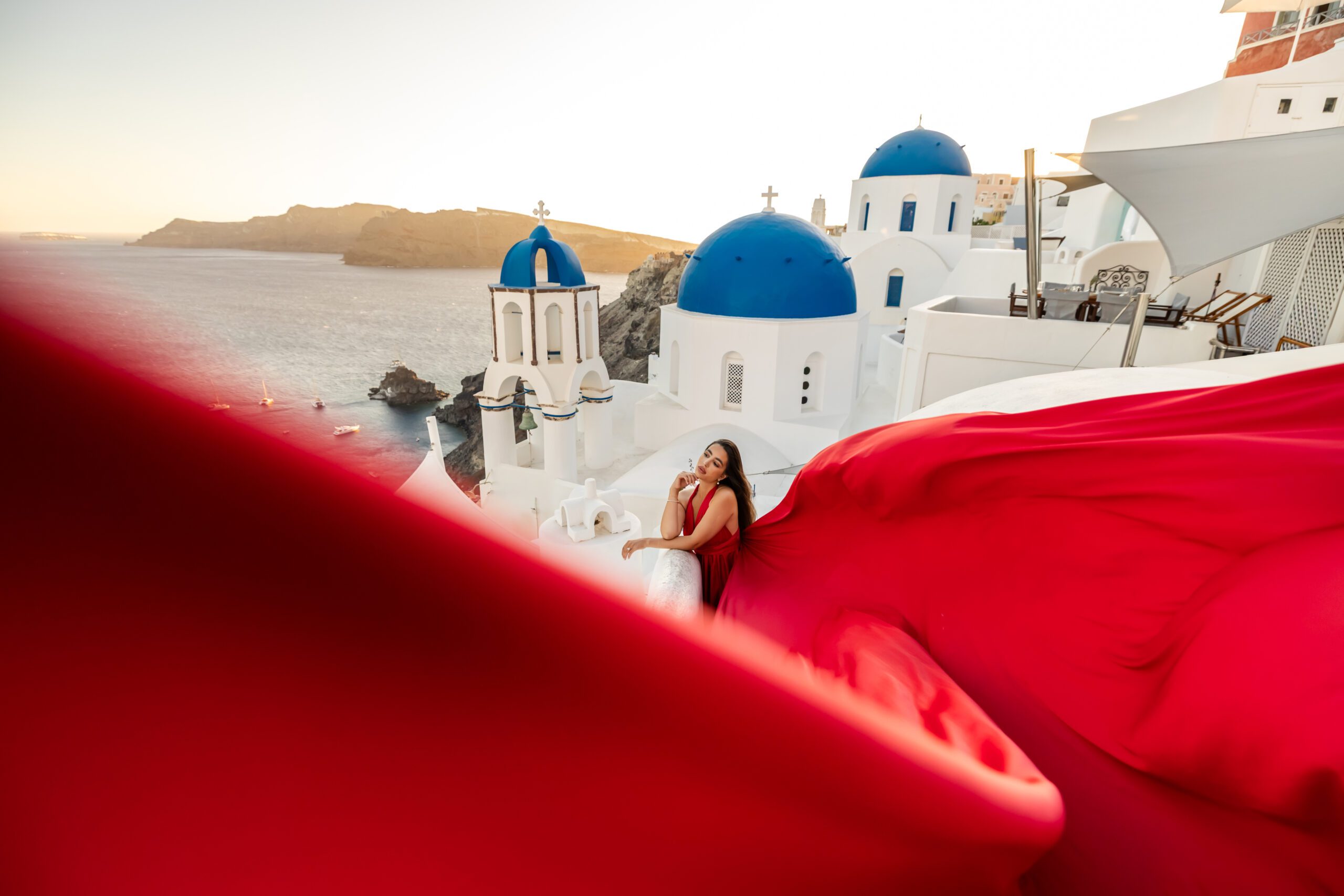 sunset red dress santorini