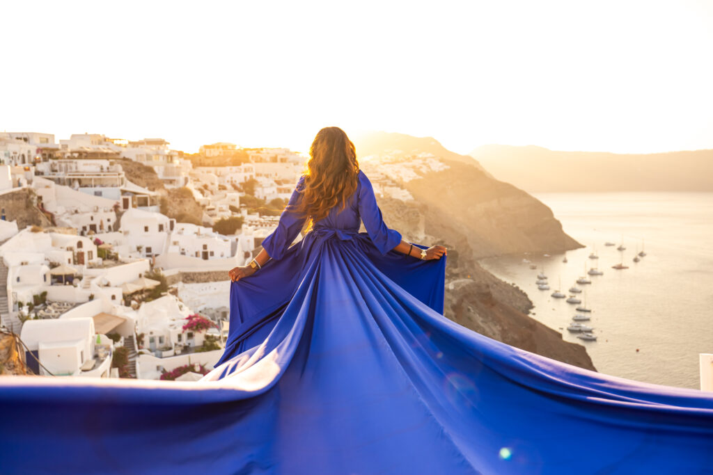 sunset blue flying dress santorini