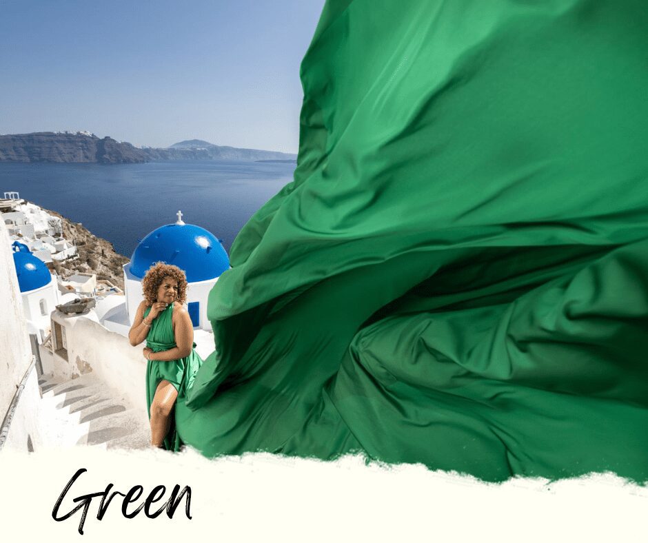 green flying dress santorini