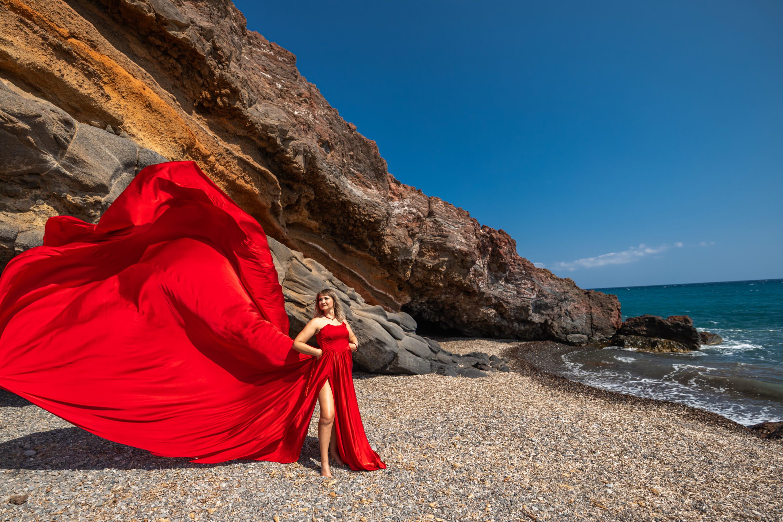 black beach flying dress santorini