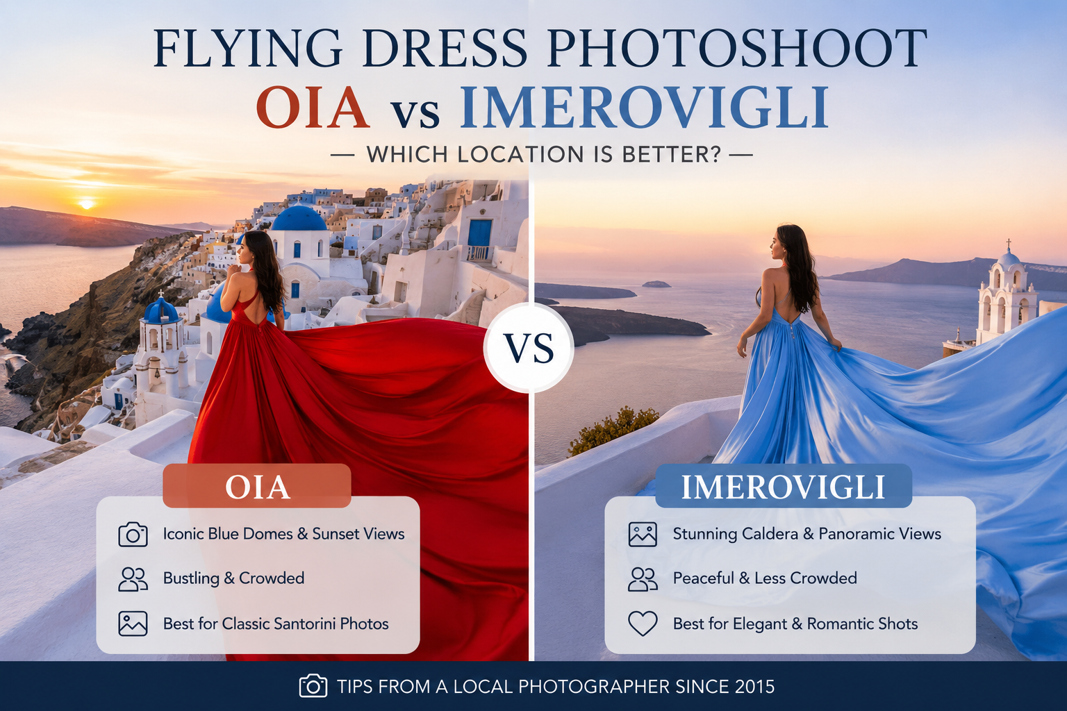Flying Dress Photoshoot Oia vs Imerovigli Santorini — Which Location is Better?